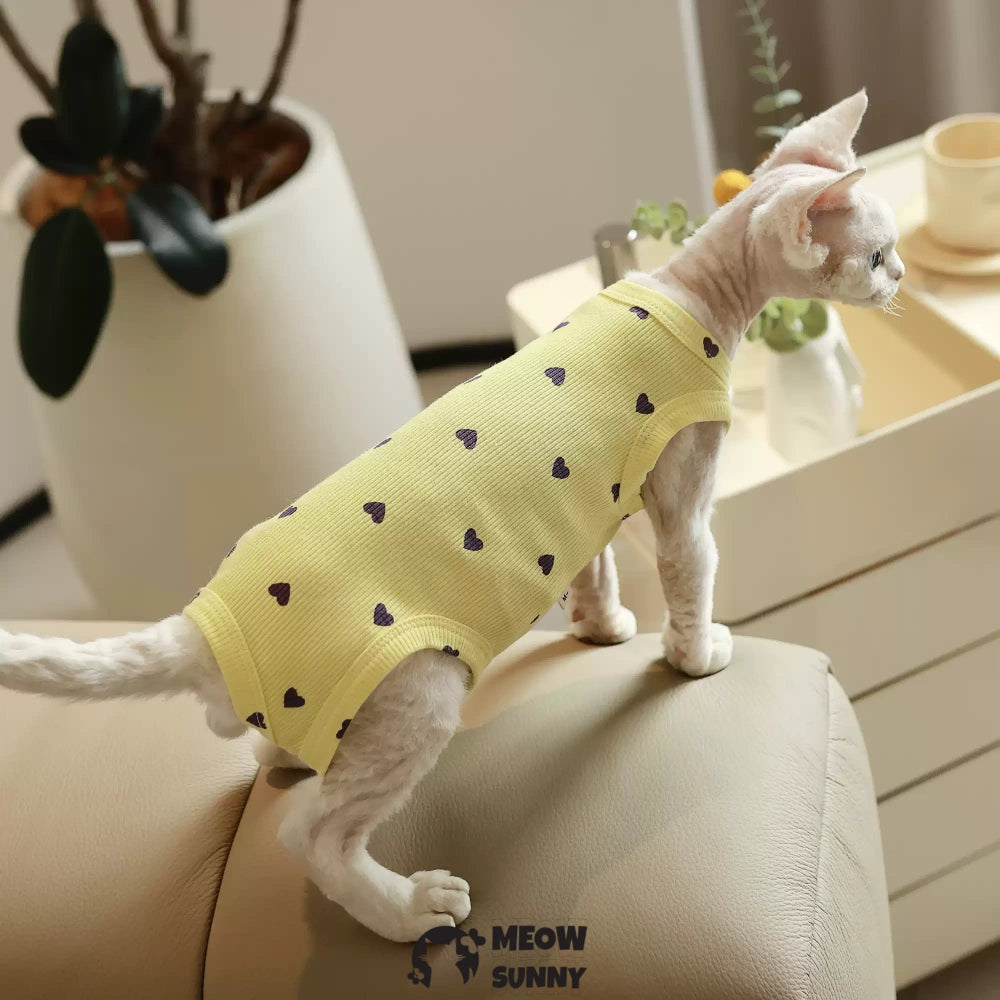 Sphynx Cat white Clothes 4 Legs Comfortabl Heart pattern yellow shirt