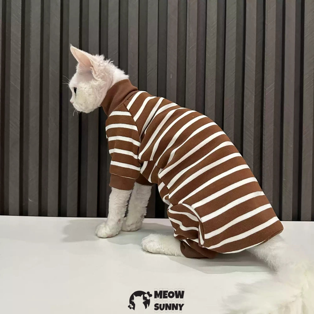 Sphynx Cat white Clothes 4 Legs Comfortabl brown stripes shirt