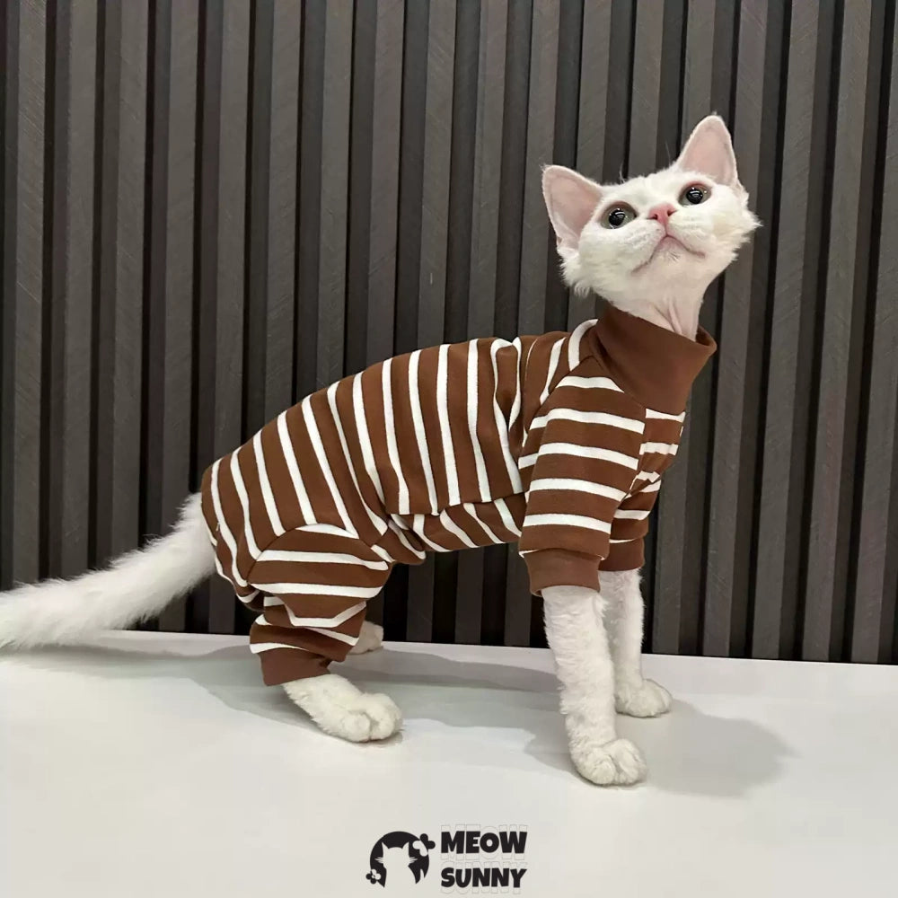 Sphynx Cat white Clothes 4 Legs Comfortabl brown stripes shirt