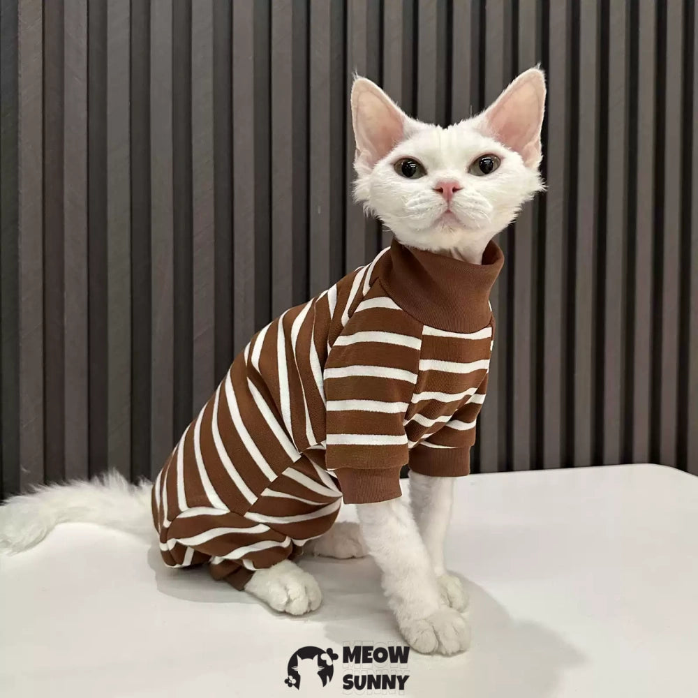 Sphynx Cat white Clothes 4 Legs Comfortabl brown stripes shirt
