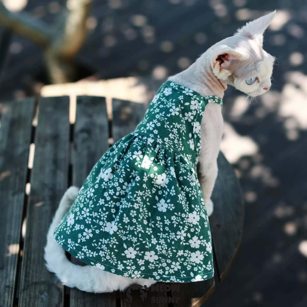 Sphynx Hairless Cat Breathable Spring Autumn Cotton Green Dress