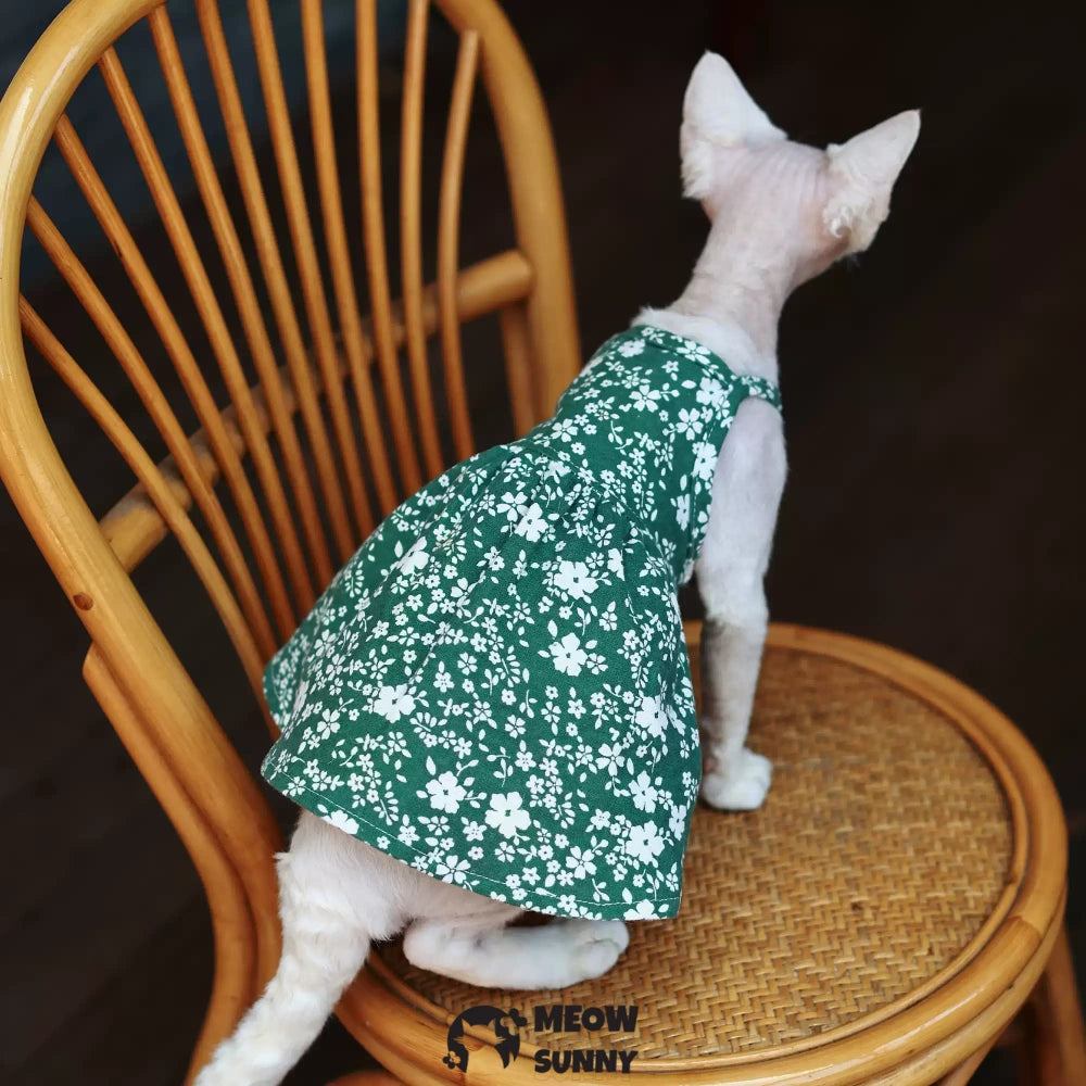 Sphynx Hairless Cat Breathable Spring Autumn Cotton Green Dress