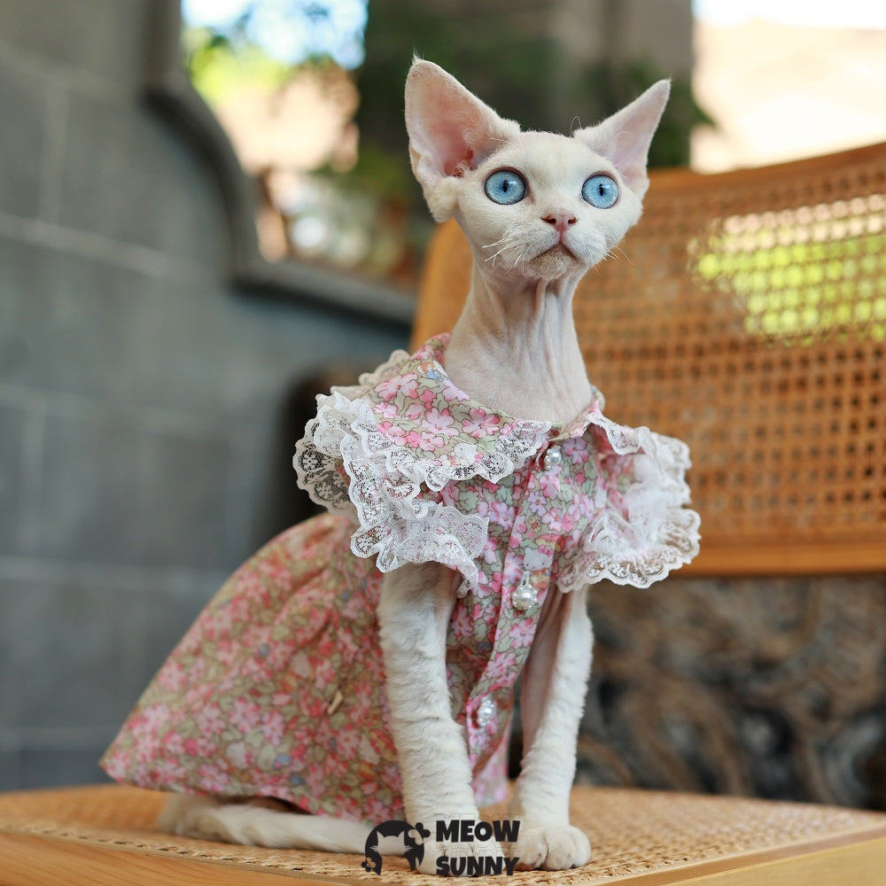 Sphynx Hairless Cat Dress - Breathable Spring Autumn Pink Dress