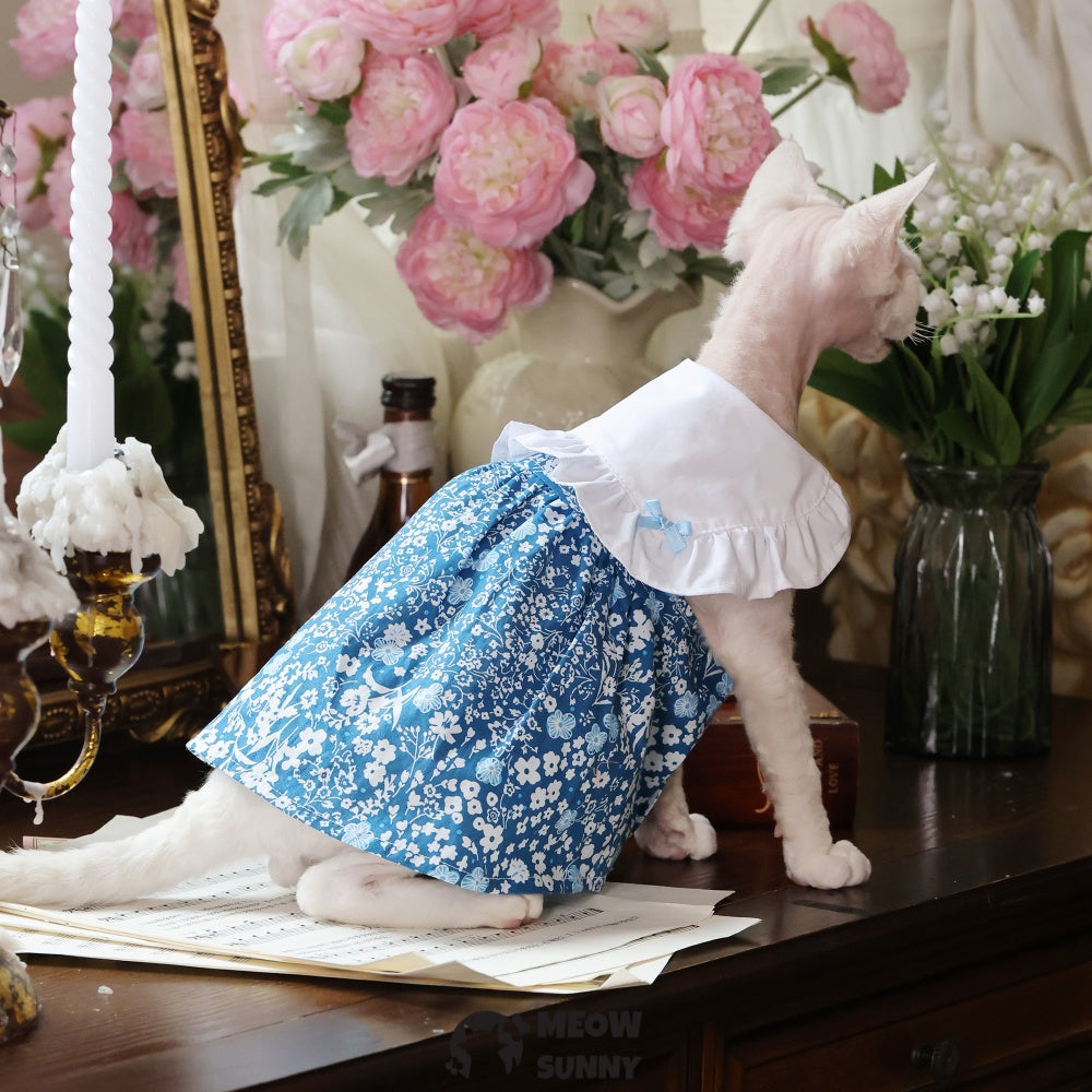 Sphynx Hairless Cat Clothes Breathable Floral Print Blue Dress