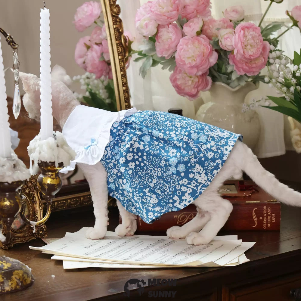 Sphynx Hairless Cat Clothes Breathable Floral Print Blue Dress