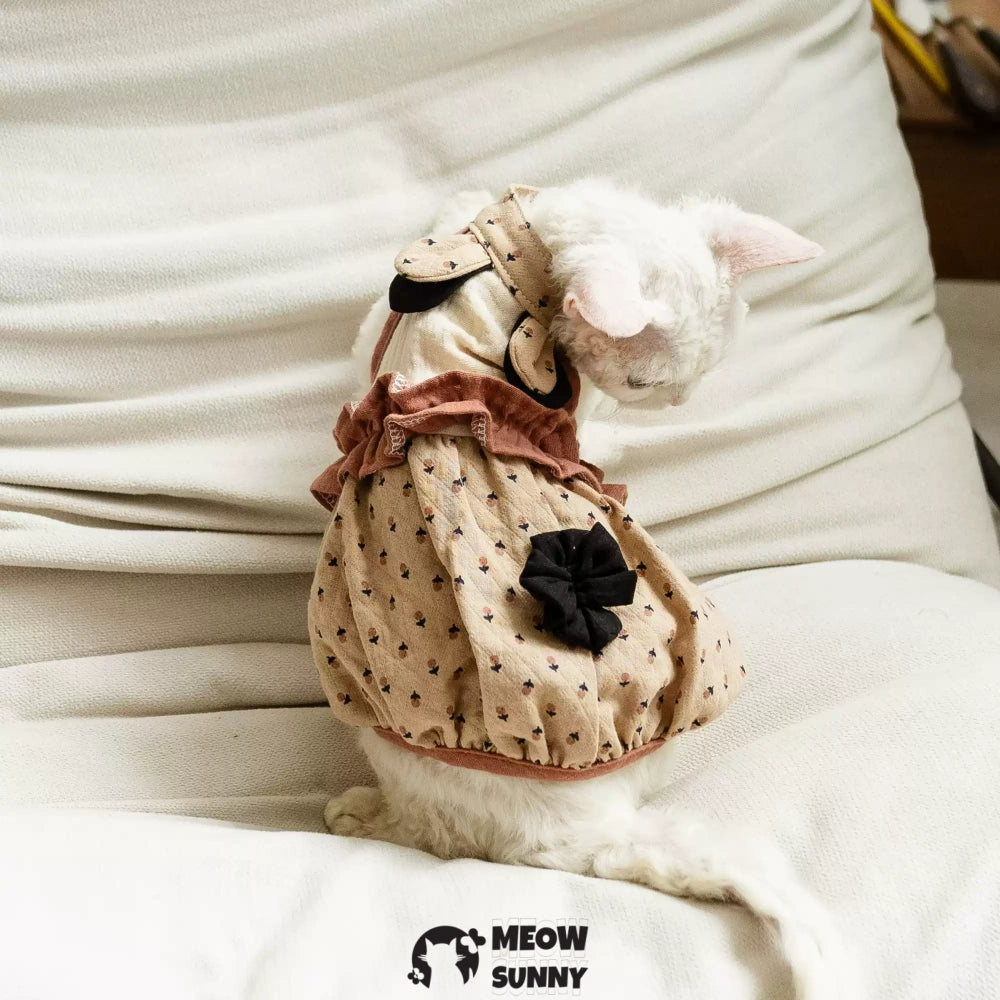 Sphynx Hairless Cat Clothes Breathable Floral Print Brown Dress