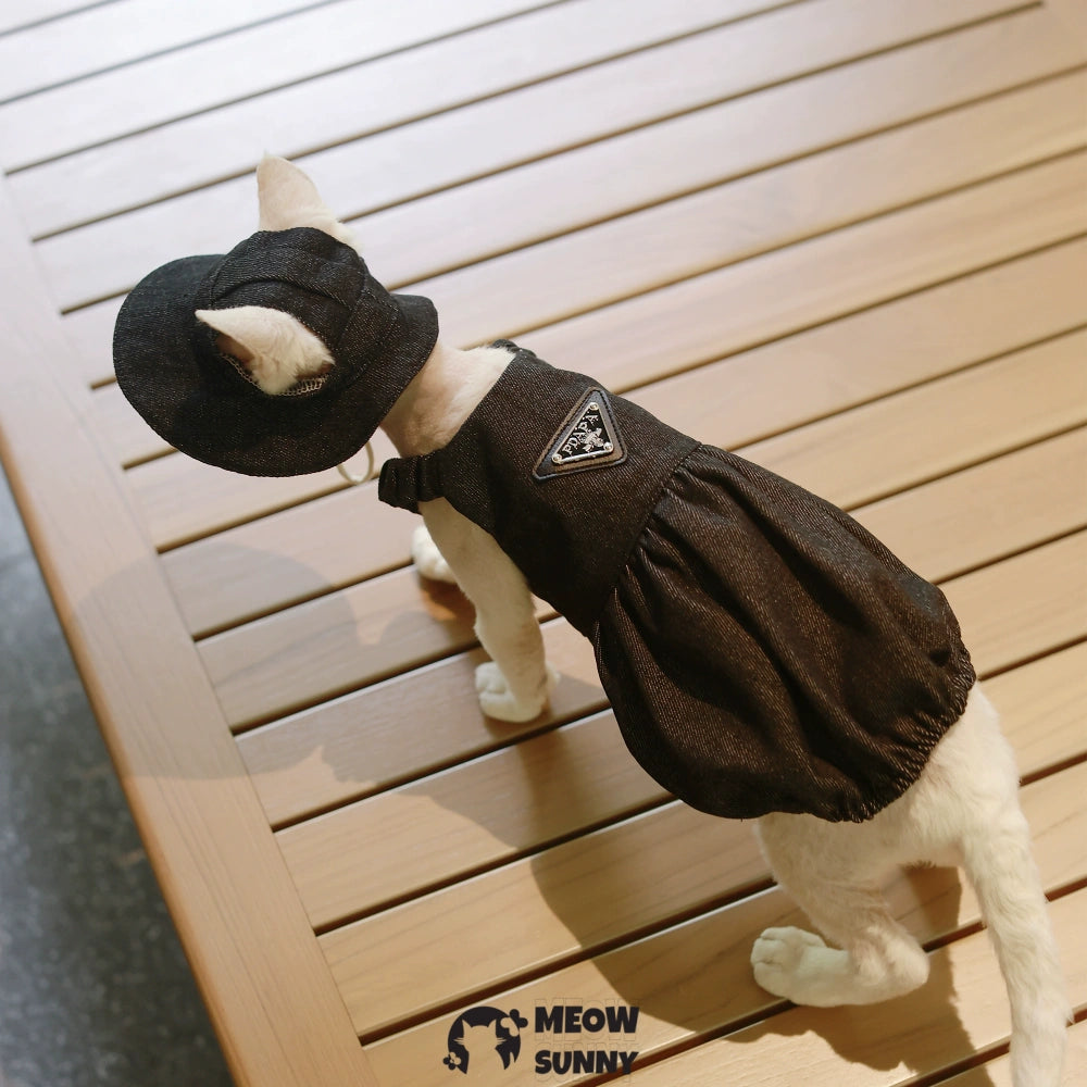 Sphynx Hairless Cat Clothes Breathable Cotton Black Dress with hat