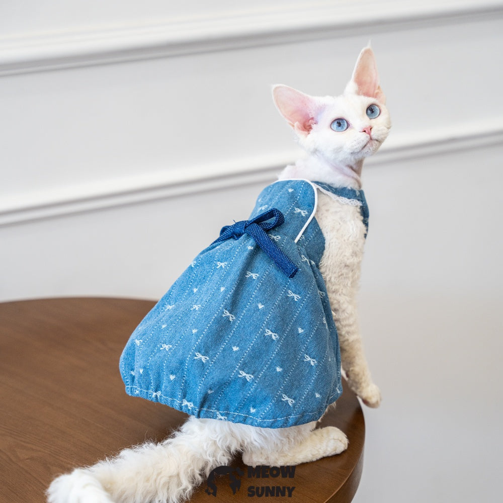 Sphynx Hairless Cat Clothes Cute Breathable Floral Bowknot Blue Dress