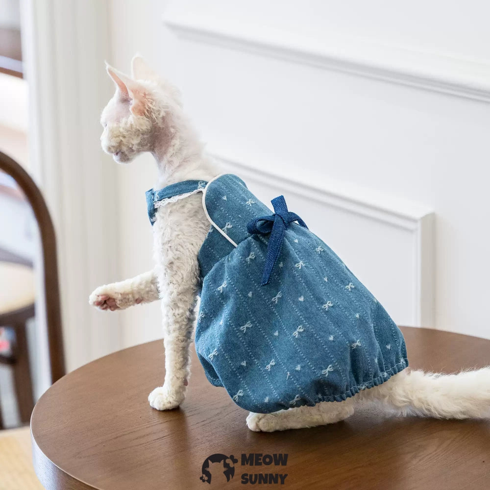 Sphynx Hairless Cat Clothes Cute Breathable Floral Bowknot Blue Dress