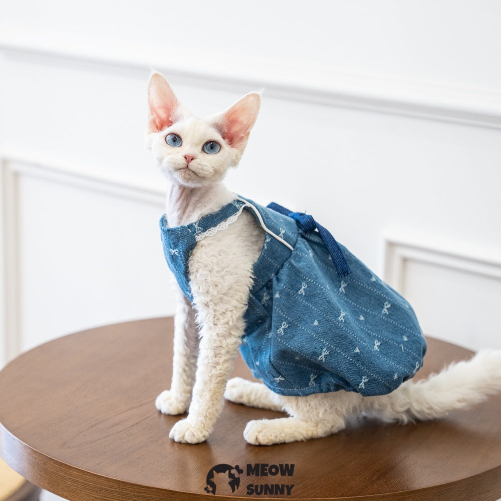 Sphynx Hairless Cat Clothes Cute Breathable Floral Bowknot Blue Dress