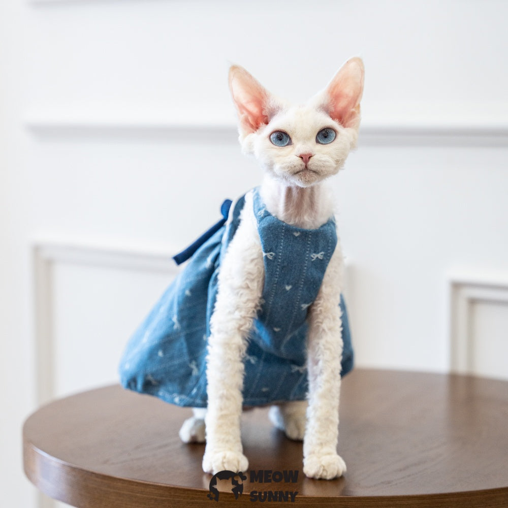 Sphynx Hairless Cat Clothes Cute Breathable Floral Bowknot Blue Dress