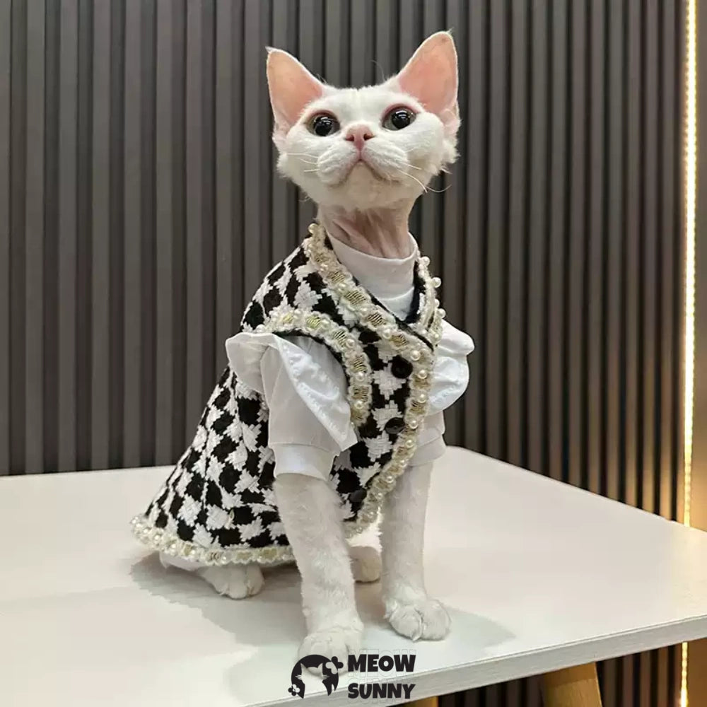 Sphynx Hairless Cat Clothes Cute Breathable lace Checkerboard Dress