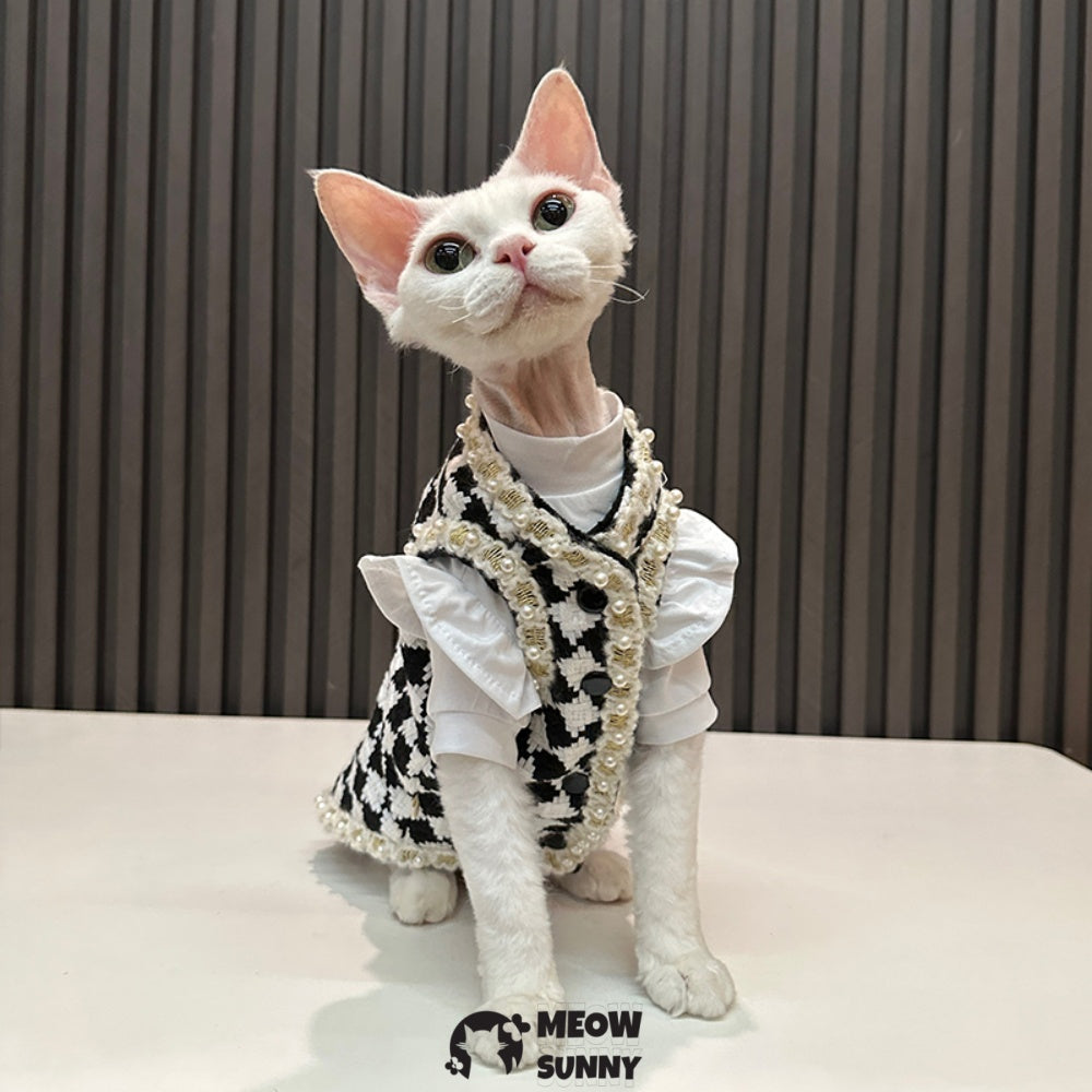 Sphynx Hairless Cat Clothes Cute Breathable lace Checkerboard Dress
