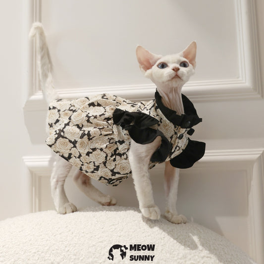 Sphynx Hairless Cat Cute Breathable Floral Bowknot White&Black Dress
