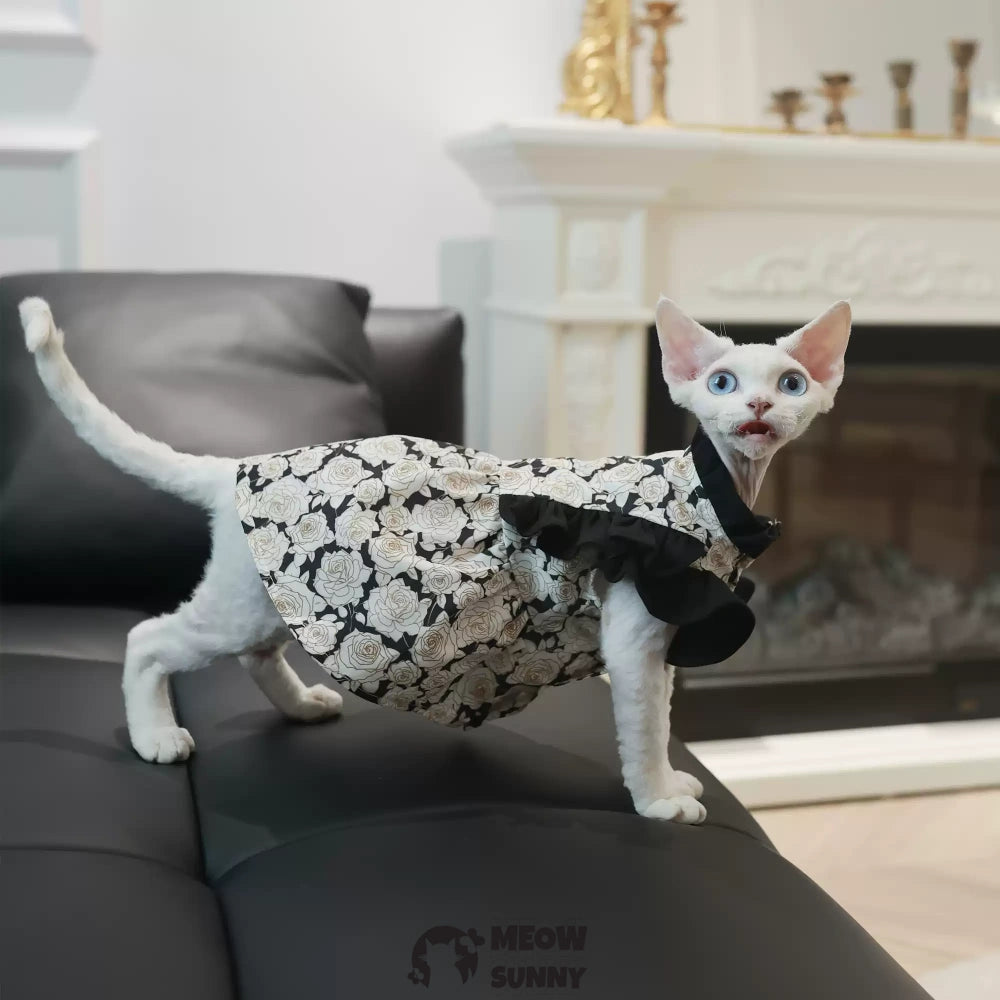 Sphynx Hairless Cat Cute Breathable Floral Bowknot White&Black Dress