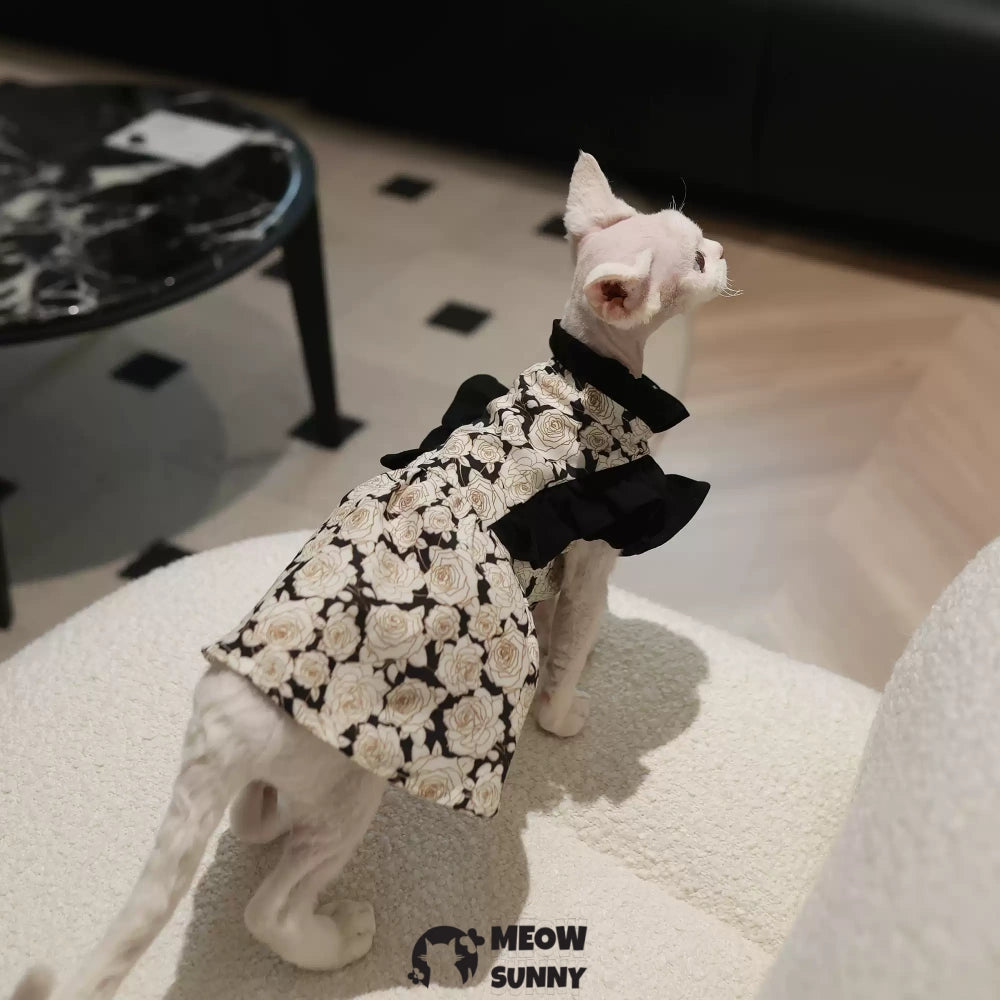 Sphynx Hairless Cat Cute Breathable Floral Bowknot White&Black Dress