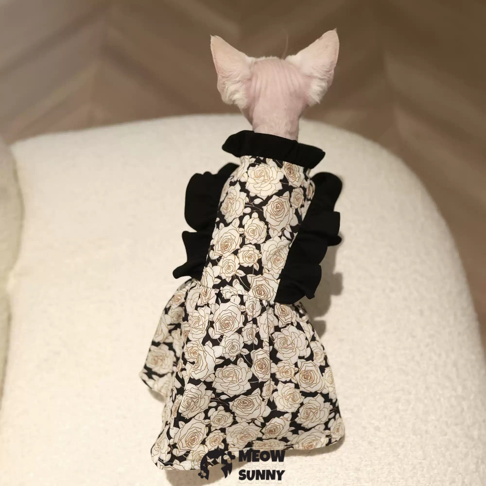 Sphynx Hairless Cat Cute Breathable Floral Bowknot White&Black Dress