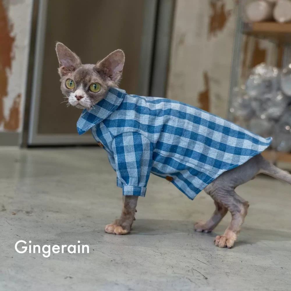 Sphynx Hairless Cat Spring and Summer Blue Plaid Shirt