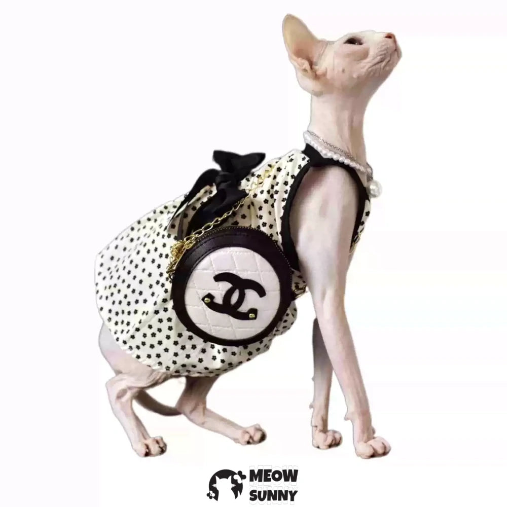 Sphynx Hairless Cat Summer Fashion Black Spotted Bowknot Dress