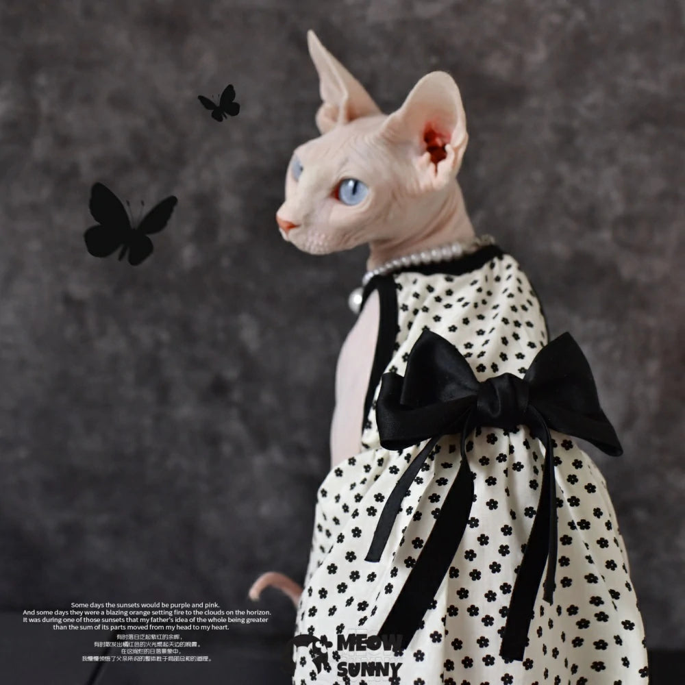 Sphynx Hairless Cat Summer Fashion Black Spotted Bowknot Dress