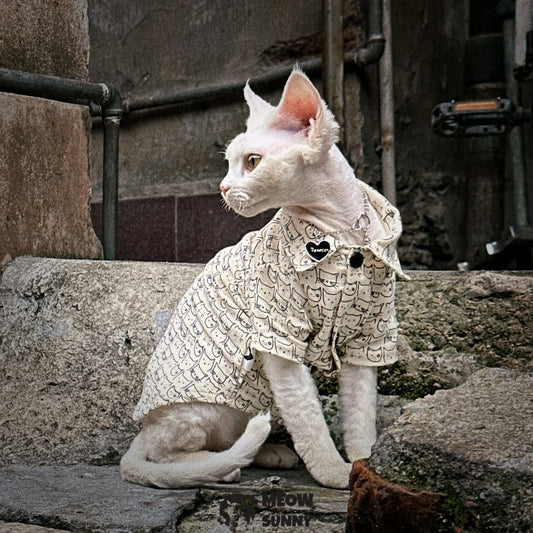 Sphynx Hairless Cat Summer Shirt with Cartoon Cat Pattern