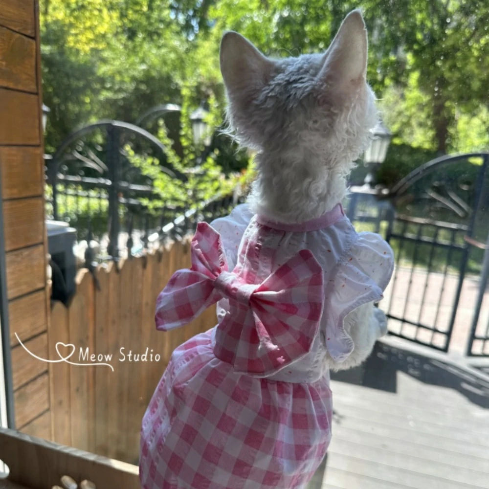 Sphynx Hairless Cat Summer Yellow Pink Plaid Super Soft Dress