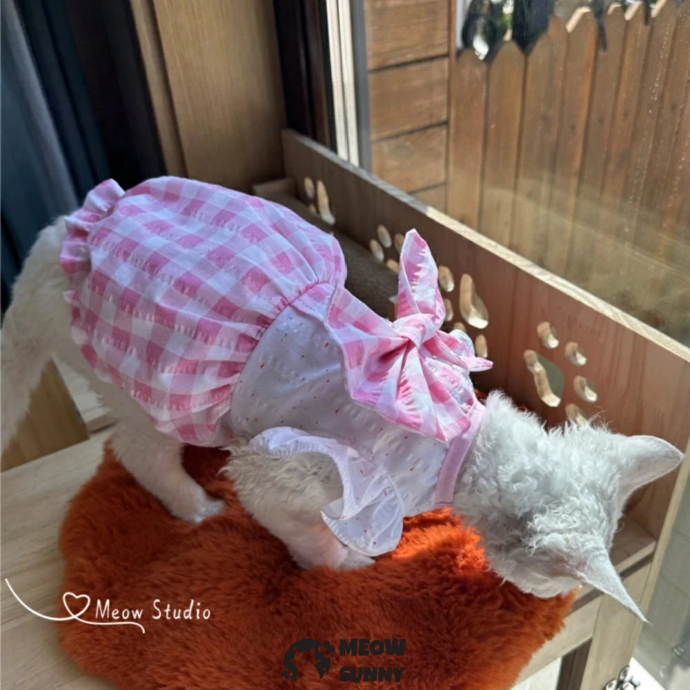 Sphynx Hairless Cat Summer Yellow Pink Plaid Super Soft Dress
