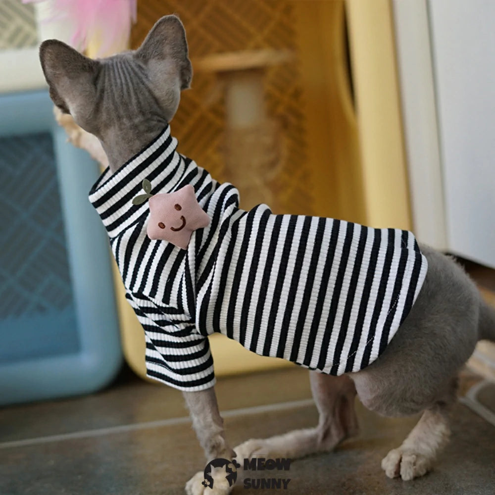 Sphynx cat clothes spring high collar elastic striped bottoming shirt