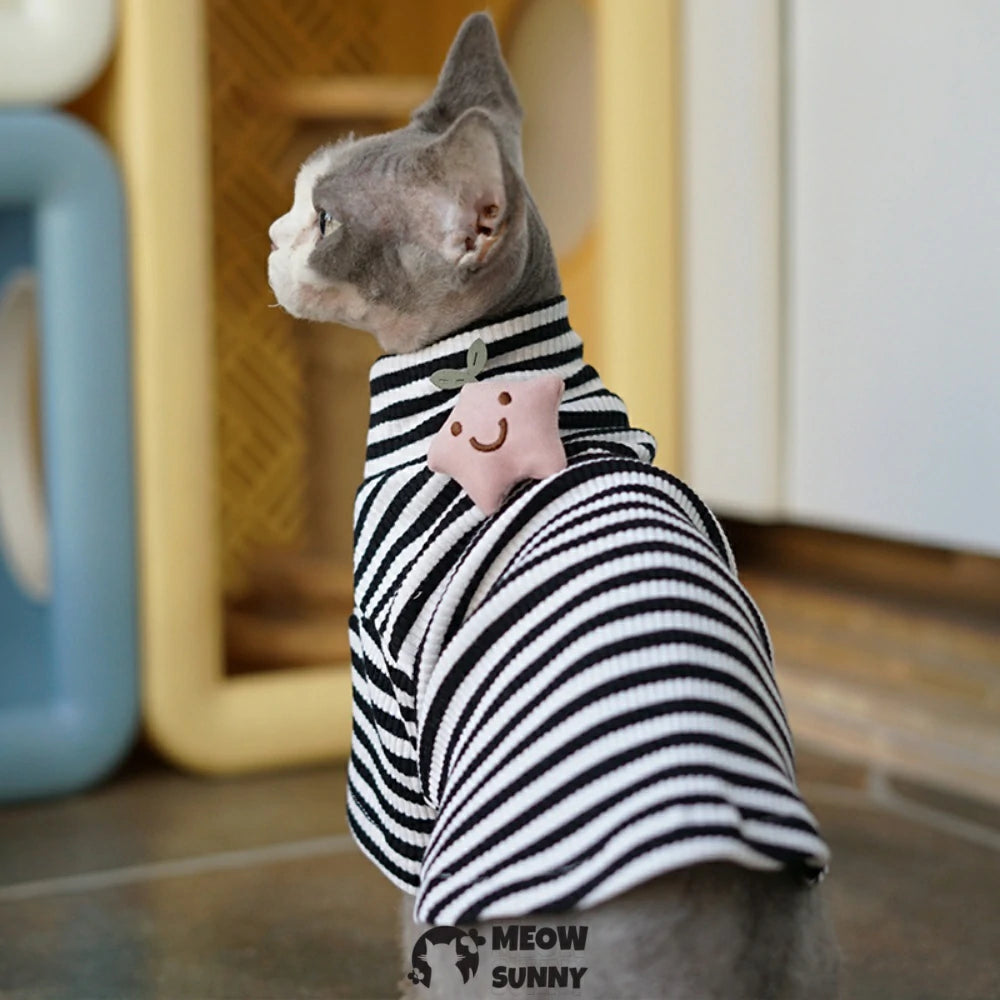 Sphynx cat clothes spring high collar elastic striped bottoming shirt