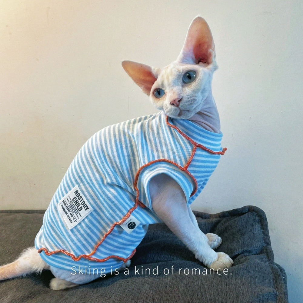 Sphynx hairless cat shirt navy striped kitten sleeve t-shirt for summer