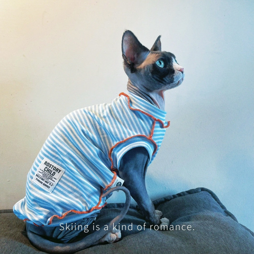 Sphynx hairless cat shirt navy striped kitten sleeve t-shirt for summer