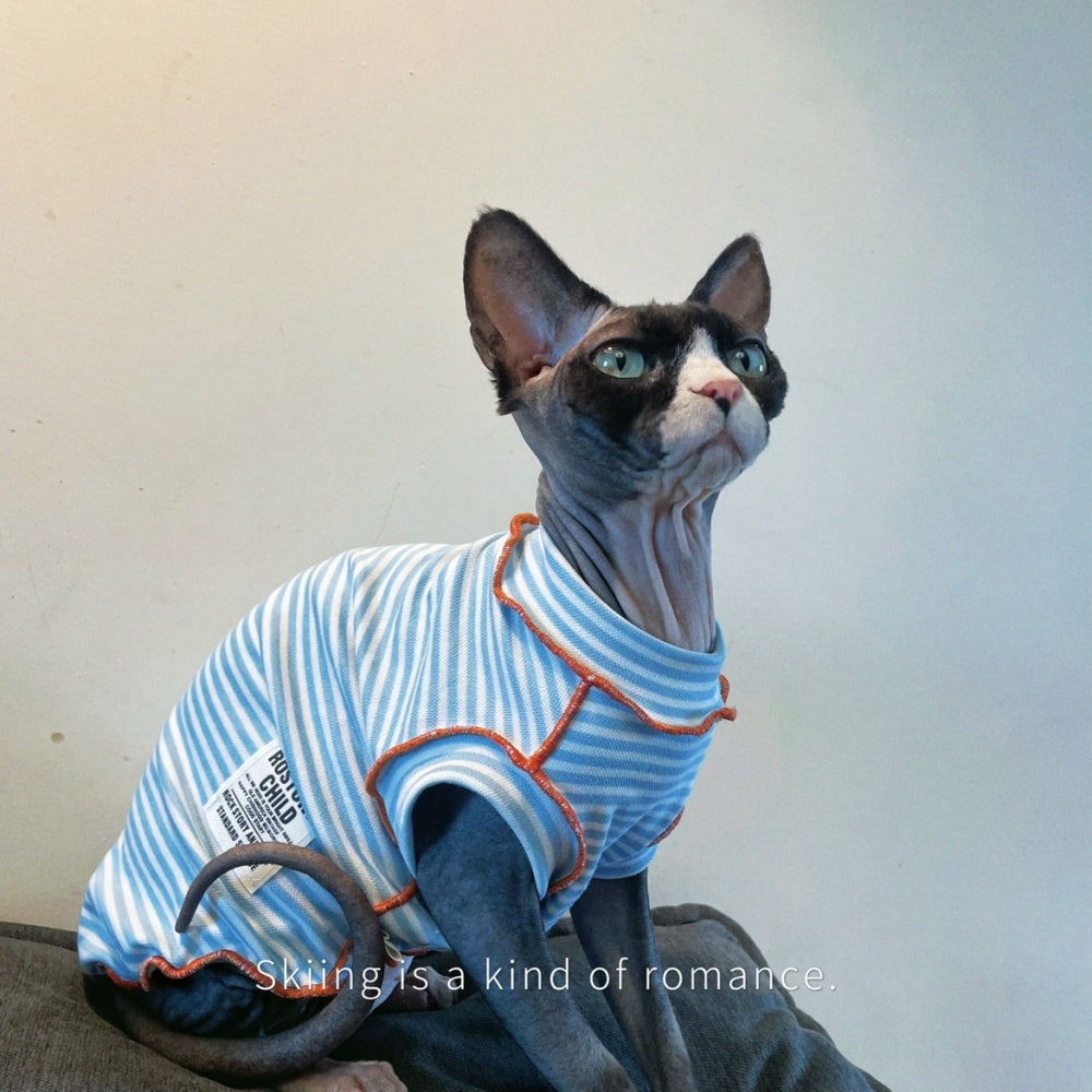 Sphynx hairless cat shirt navy striped kitten sleeve t-shirt for summer