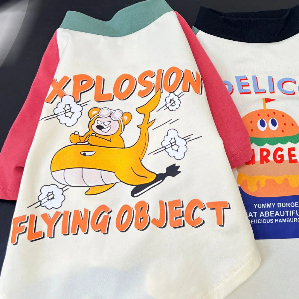 Summer pure cotton cartoon colorblock dog airplane T-shirt