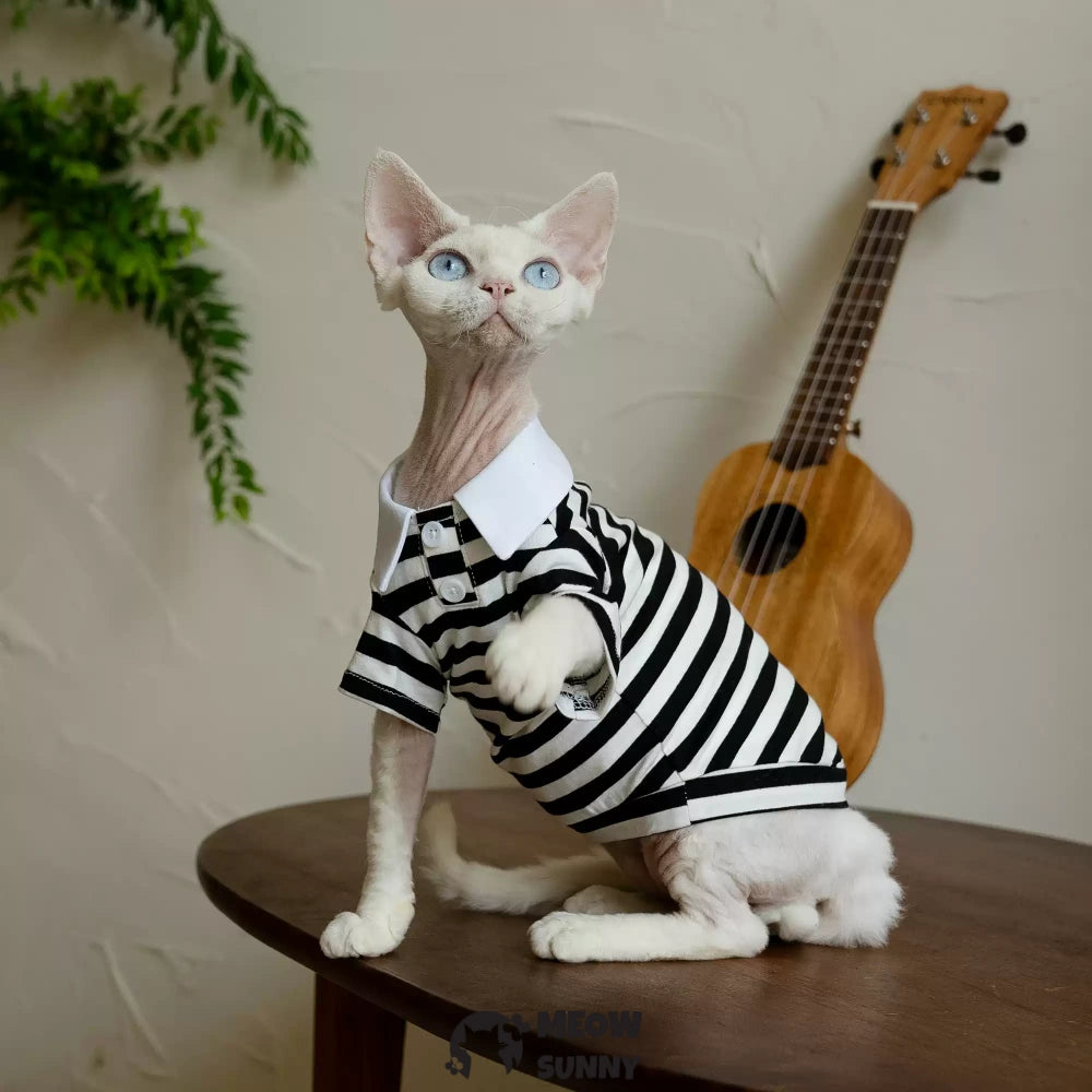 Super Soft Sphynx Cat Shirt black white striped Kitten Polo T-Shirt