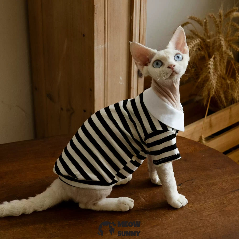 Super Soft Sphynx Cat Shirt black white striped Kitten Polo T-Shirt