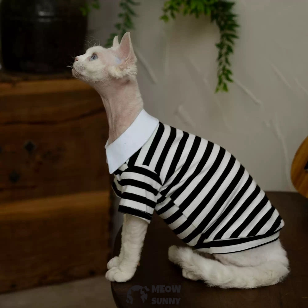 Super Soft Sphynx Cat Shirt black white striped Kitten Polo T-Shirt