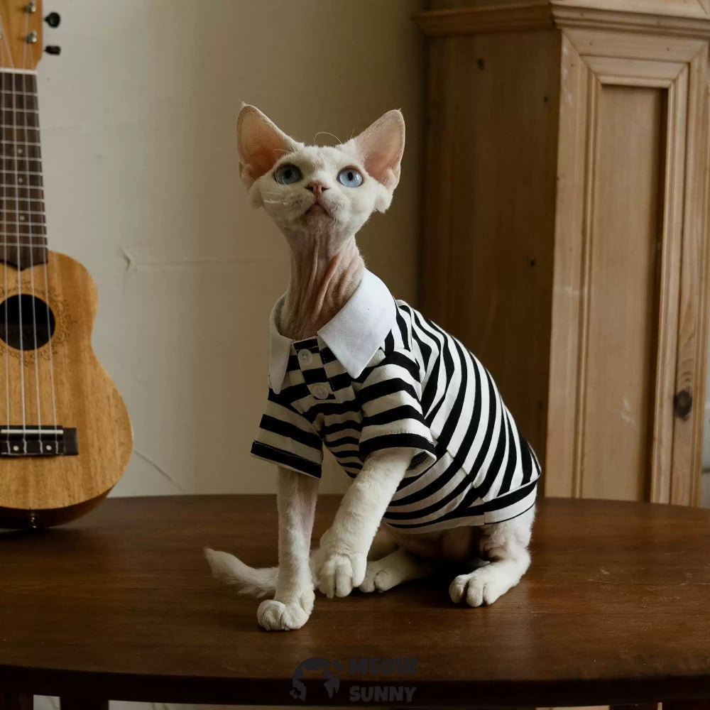 Super Soft Sphynx Cat Shirt black white striped Kitten Polo T-Shirt