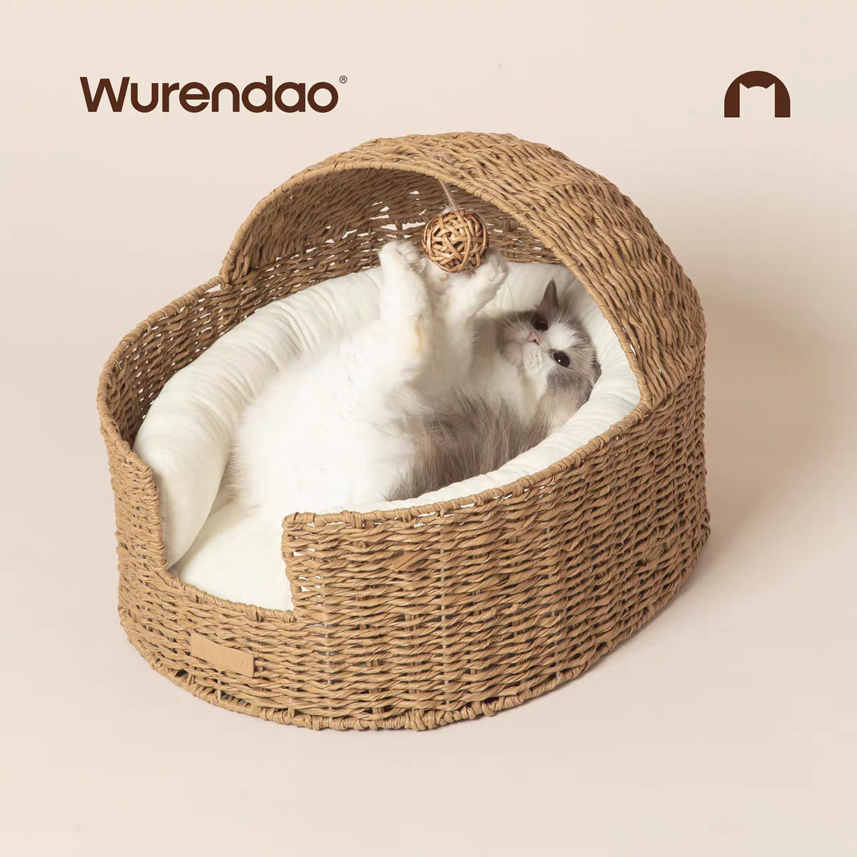 Pet Hemisphere with Trop Ball Toy Rattan Cat & Dog Bed