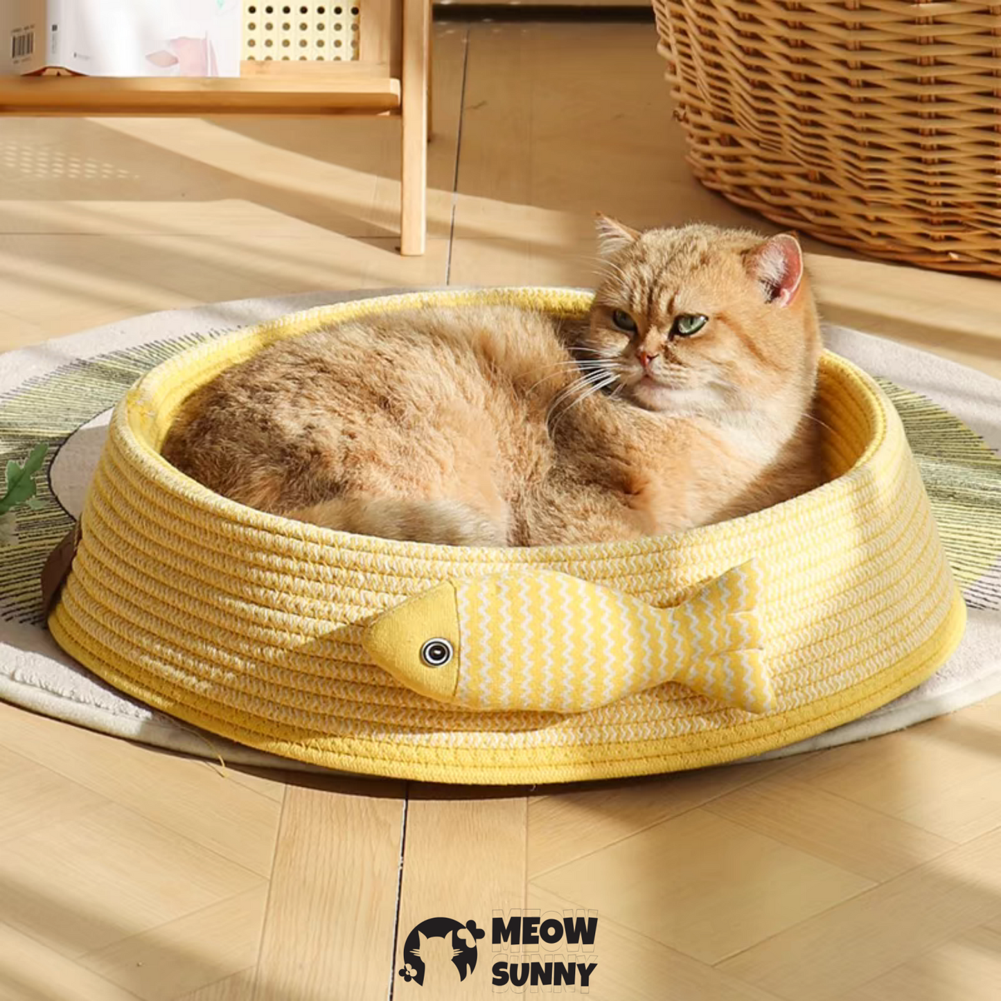 Woven Warm Round bolster Mat Small Cat Bed with Small Fish Toy