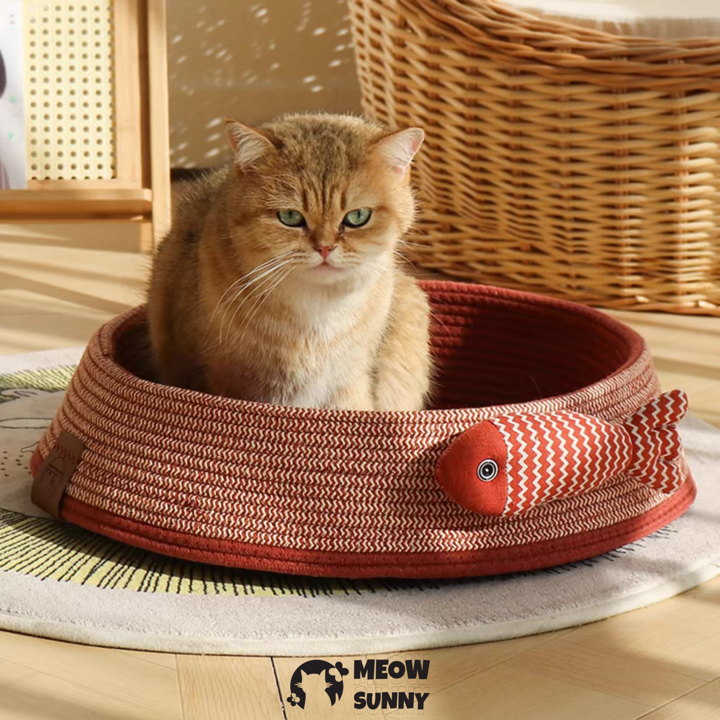 Woven Warm Round bolster Mat Small Cat Bed with Small Fish Toy