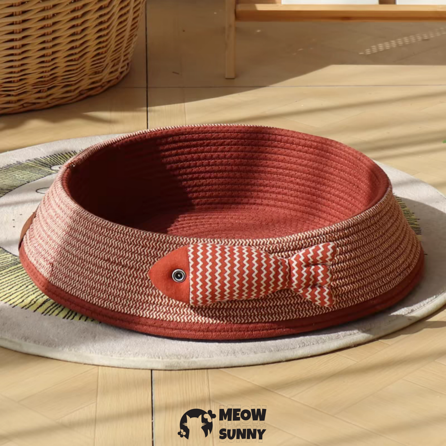 Woven Warm Round bolster Mat Small Cat Bed with Small Fish Toy