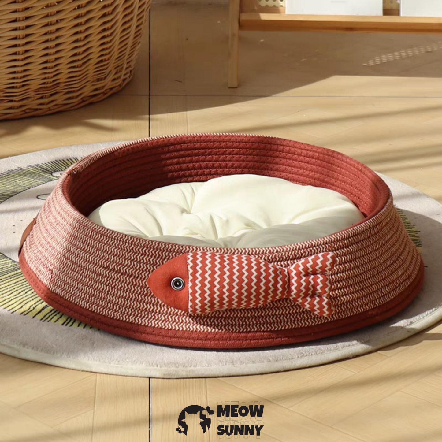 Woven Warm Round bolster Mat Small Cat Bed with Small Fish Toy