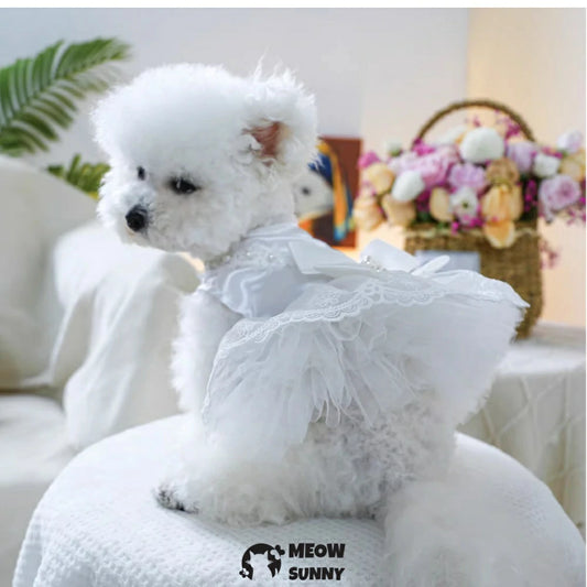 White Pearlescent Wedding Dress Pet Clothes Dog Skirt Princess Dress