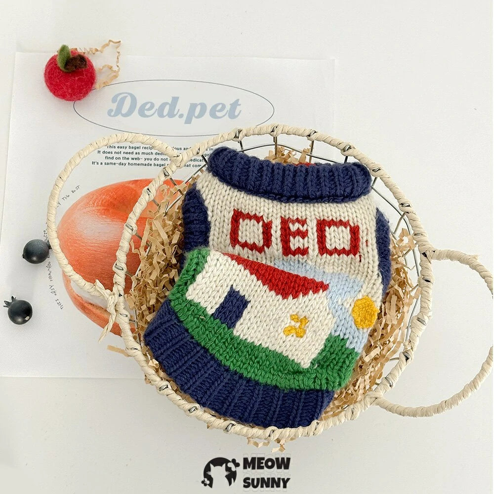 Cute and warm sleeveless knitted sweater for pet dogs, perfect for winter and home wear.