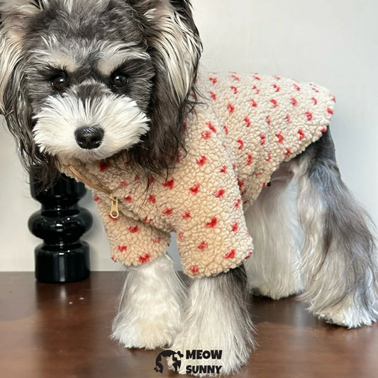 Dog clothes, pet fleece warm cotton coat with heart pattern.