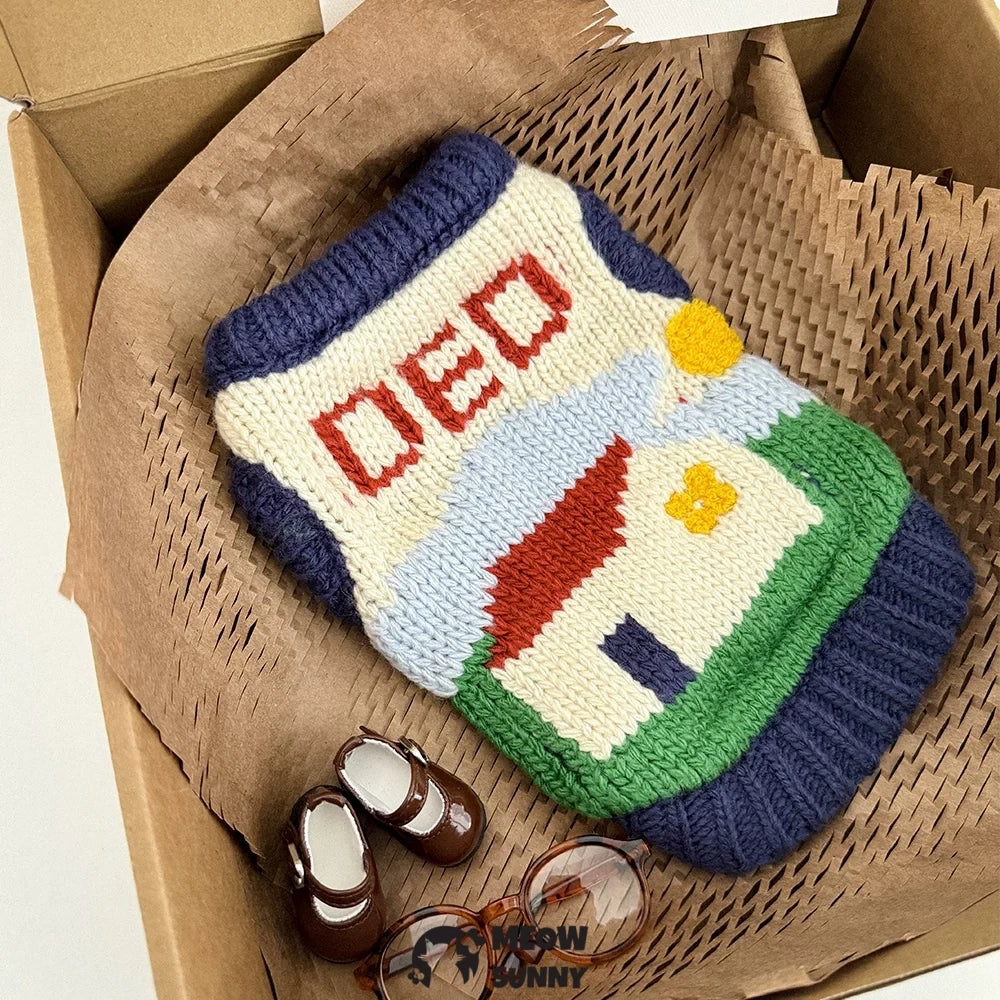 Cute and warm sleeveless knitted sweater for pet dogs, perfect for winter and home wear.