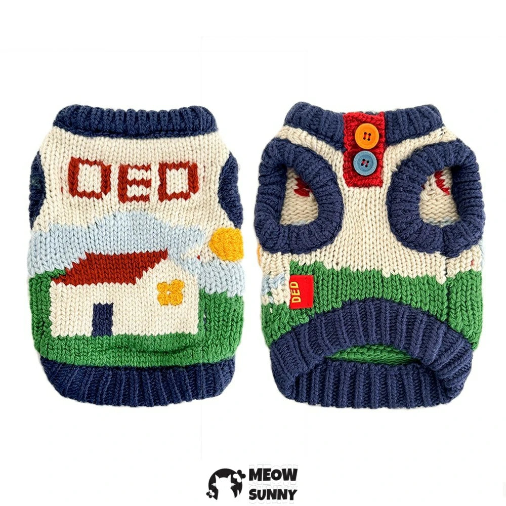 Cute and warm sleeveless knitted sweater for pet dogs, perfect for winter and home wear.