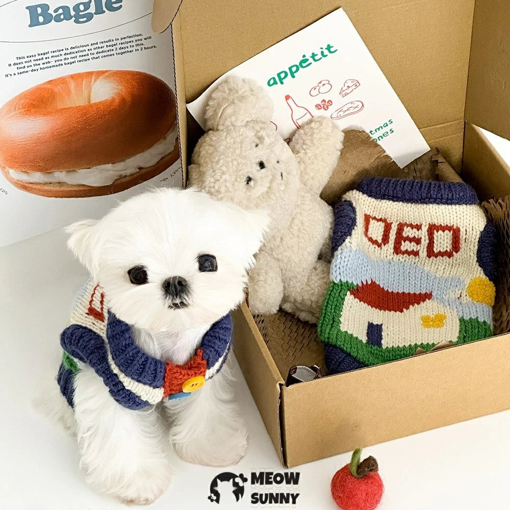 Cute and warm sleeveless knitted sweater for pet dogs, perfect for winter and home wear.