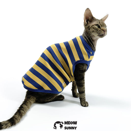 Striped Dog & Cat Polo Shirt, Yellow & Navy, Small