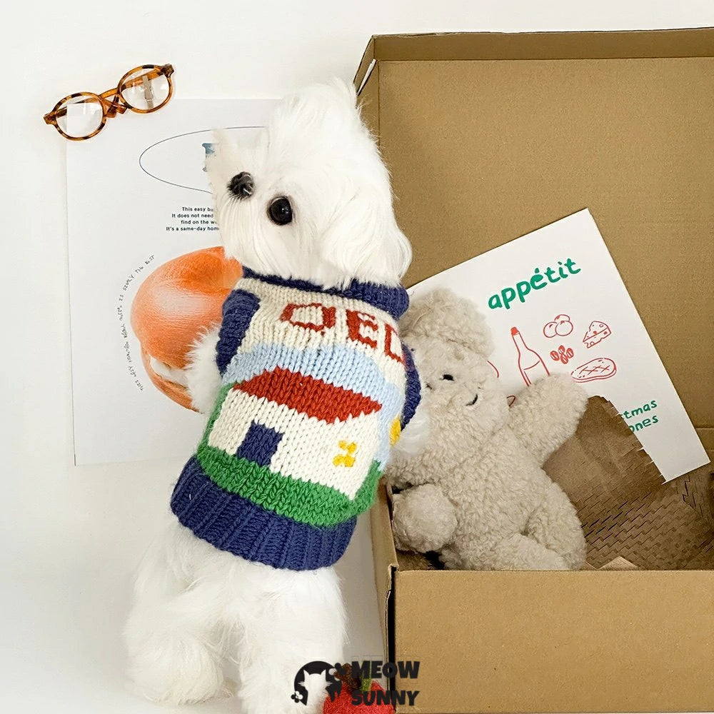 Cute and warm sleeveless knitted sweater for pet dogs, perfect for winter and home wear.